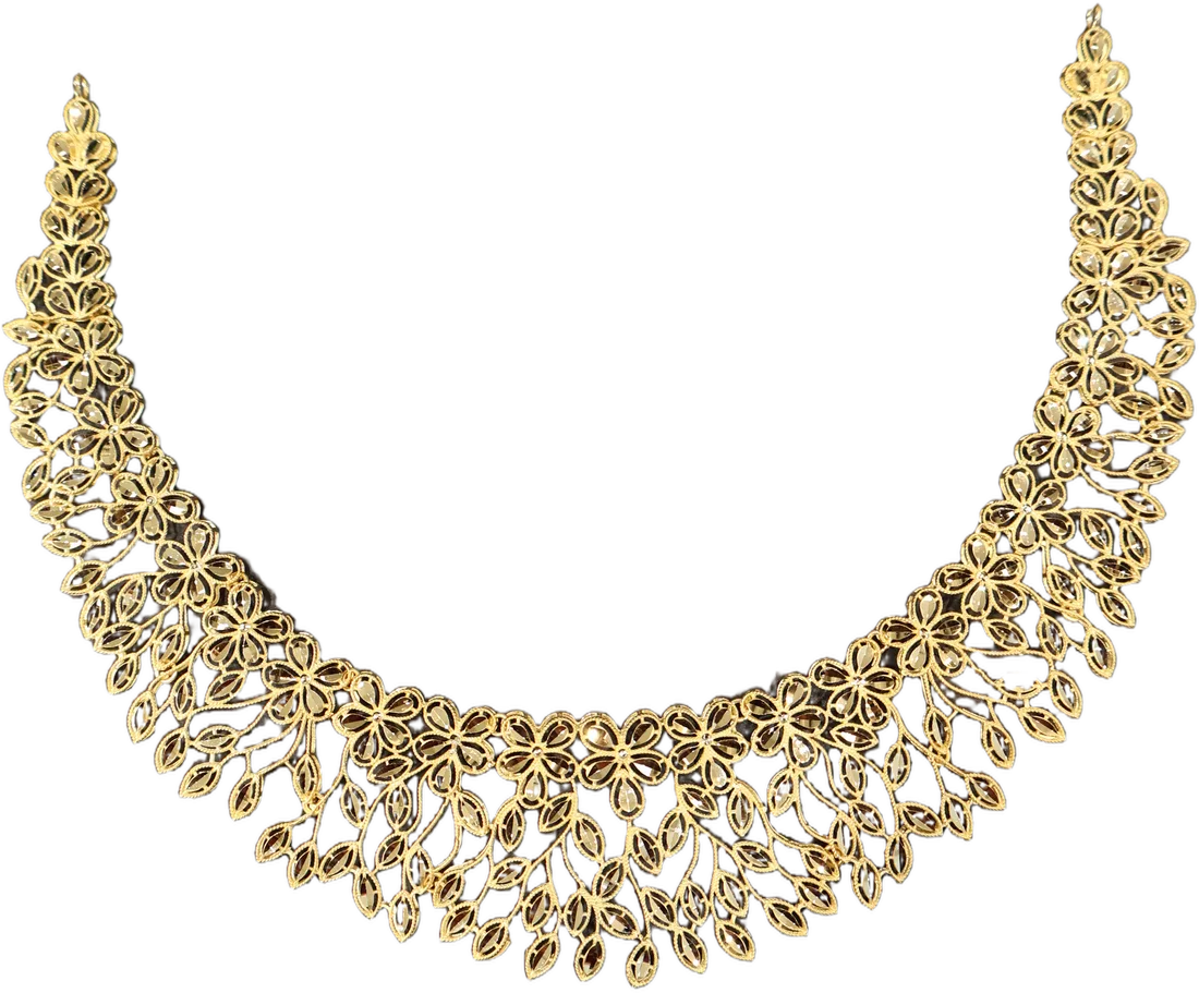 A 22K filigree collar necklace of flowers and leaves, from the Rajesh Jewellers counter